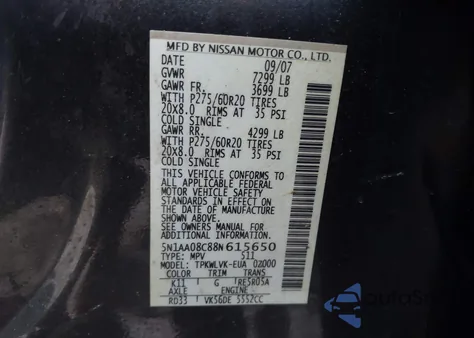 2008 Nissan Armada Le from USA, damaged, VIN 5N1AA08C88N615650